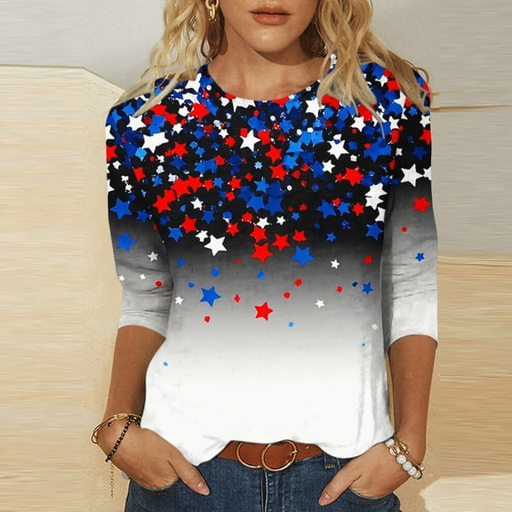 Meichang Womens 3/4 Sleeve T Shirts Independence Day Tops July 4th Red White and Blue Graphic T Shirts American Flag Shirts Holiday Crew Neck T-Shirts