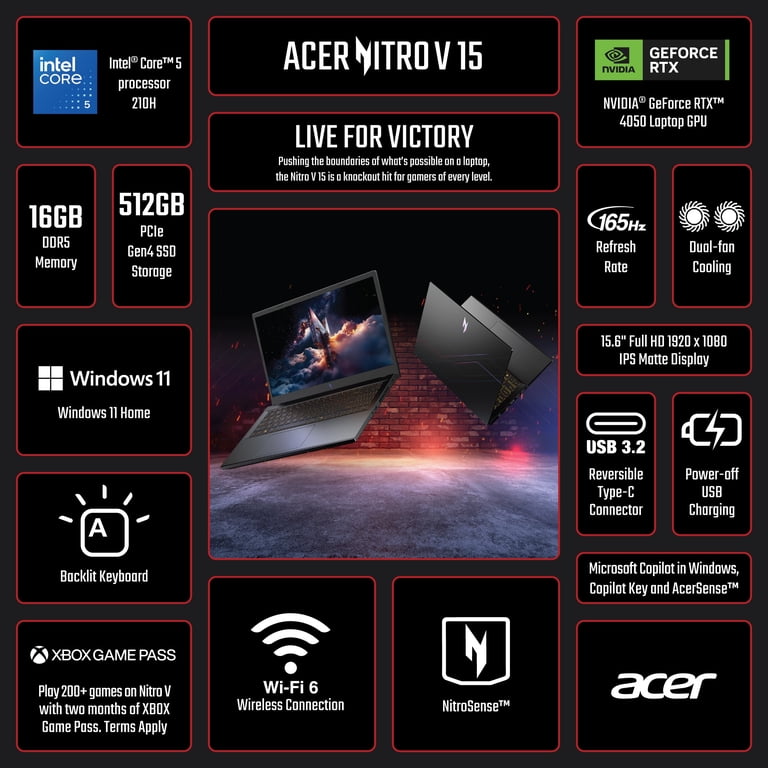Acer Nitro V 15.6 FHD IPS 165Hz Gaming Laptop, Intel Core 5 Processor  210H, NVIDIA GeForce RTX 4050 with 6GB GDDR6 VRAM, 16GB RAM, 512GB PCIe Gen  4 SSD, Obsidian Black - Walmart.com