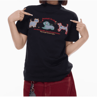 High Collar, Short Sleeve, Dog & Cat Pattern T-Shirt, Women's