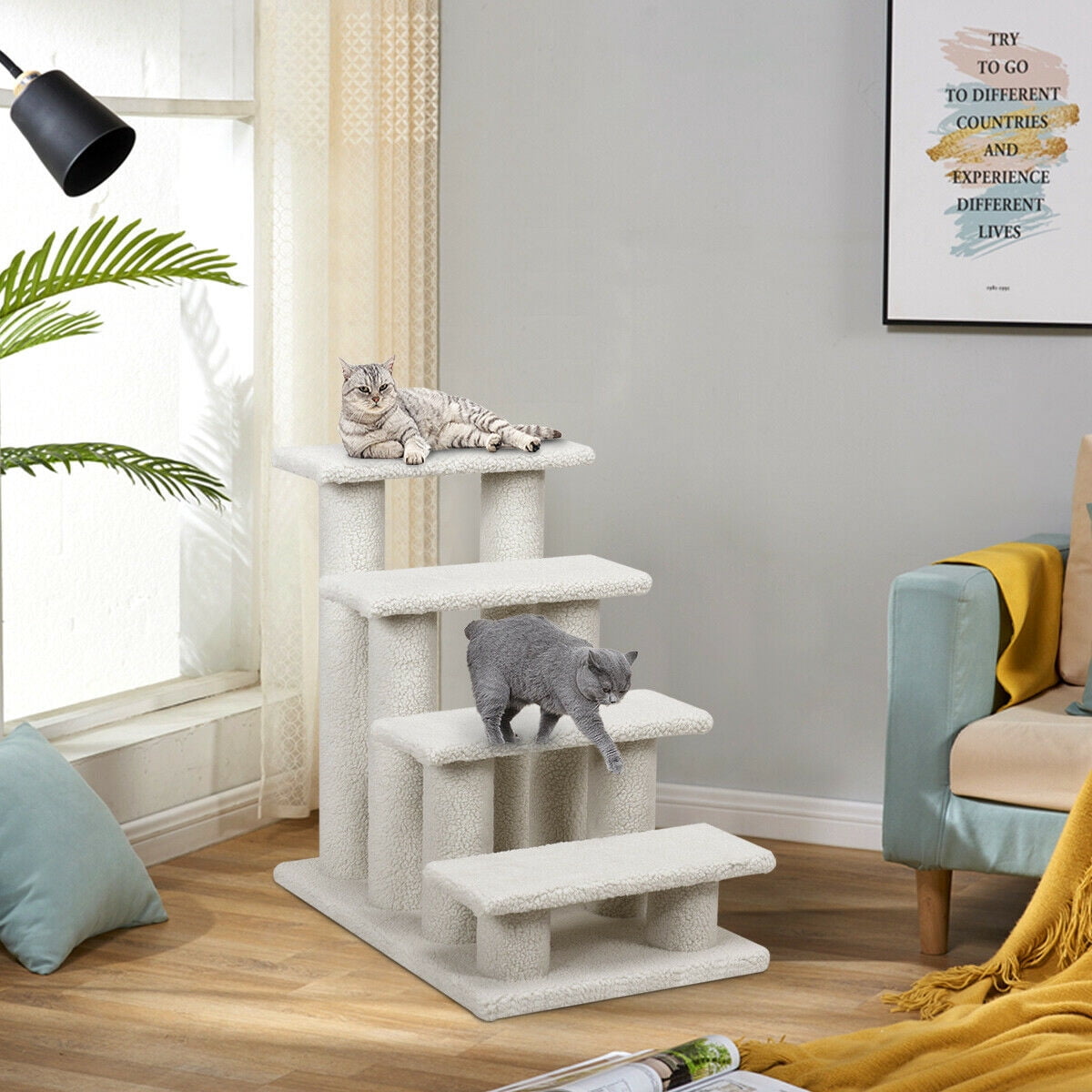 Gymax Fashion 24'' 4-Step Pet Stairs Carpeted Ladder Ramp 8 Scratching Post Cat Tree Climber