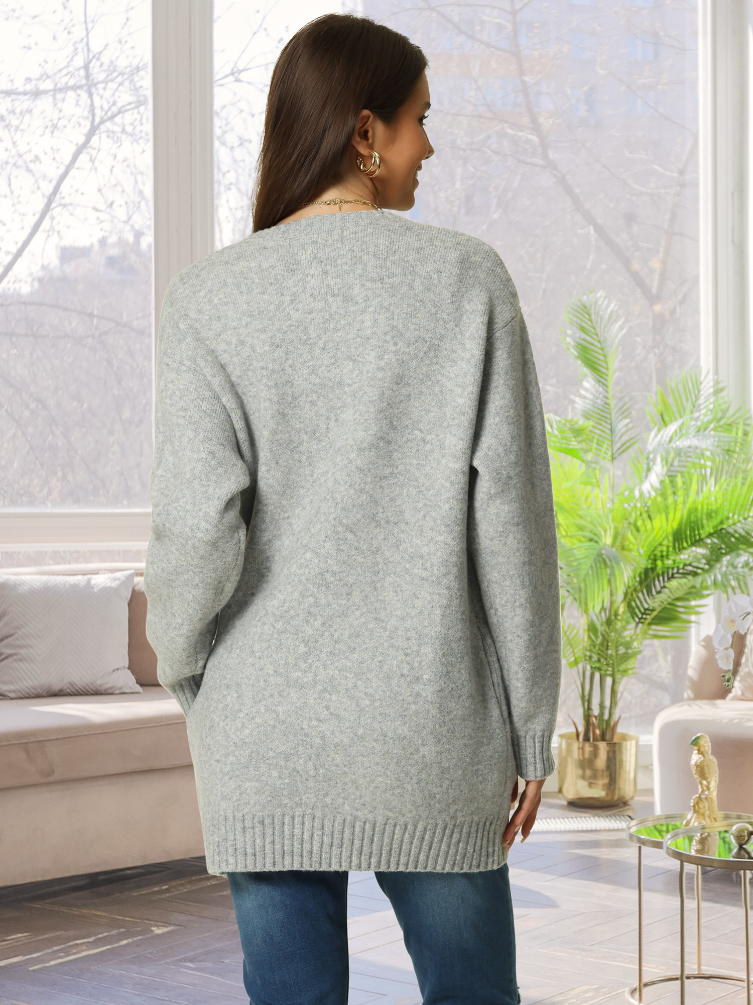 DARING DIVA Round Neck Pullover Long Sleeve Casual Sweater M Grey