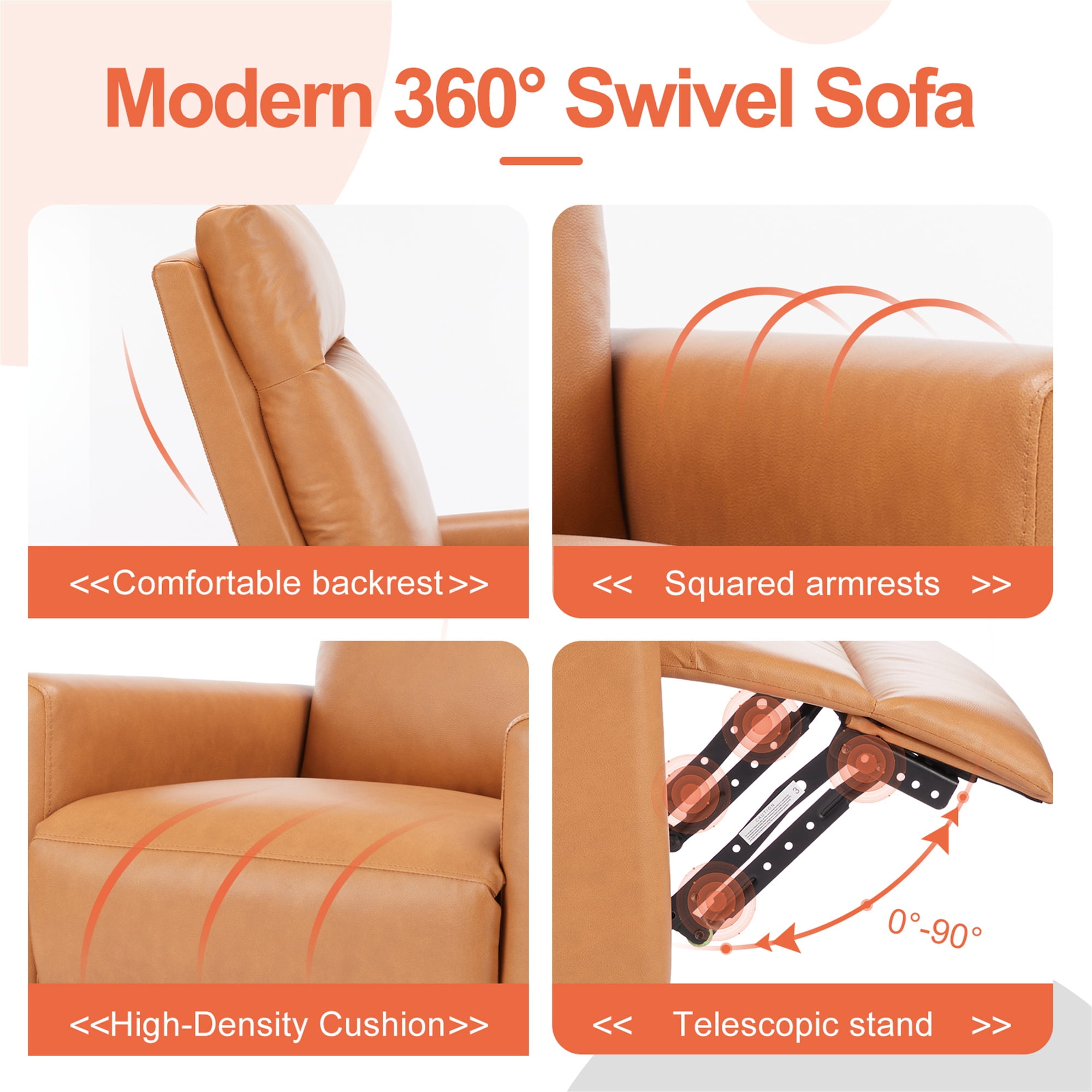 Aukfa 360 Degree Swivel Rocker Recliner Glider Chair for Adults, Living Room, Leather, Brown