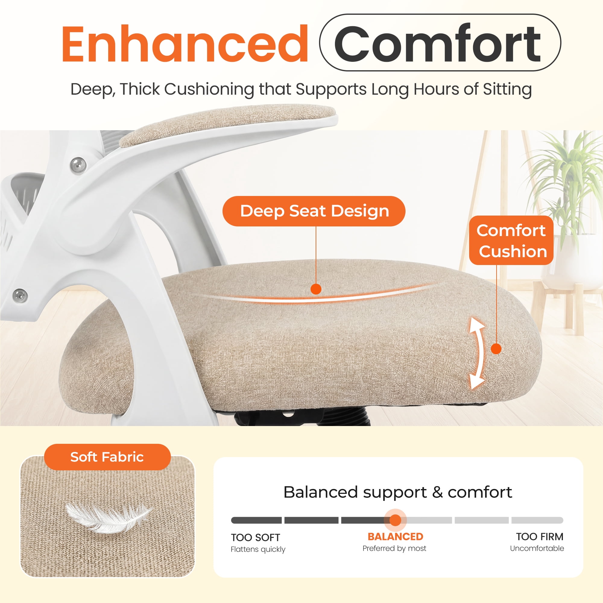 NEO CHAIR Office Chair Gaming Desk Computer Mesh Ergonomic Chair with Flip-up Arms Comfy Lumbar Support Adjustable Height Rolling Wheels Chair for Home Office (Beige)