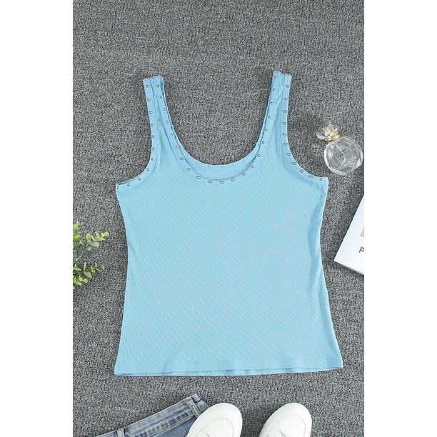 ABPHQTO Camiseta de tirantes de canalé con tachuelas azul cielo para mujer