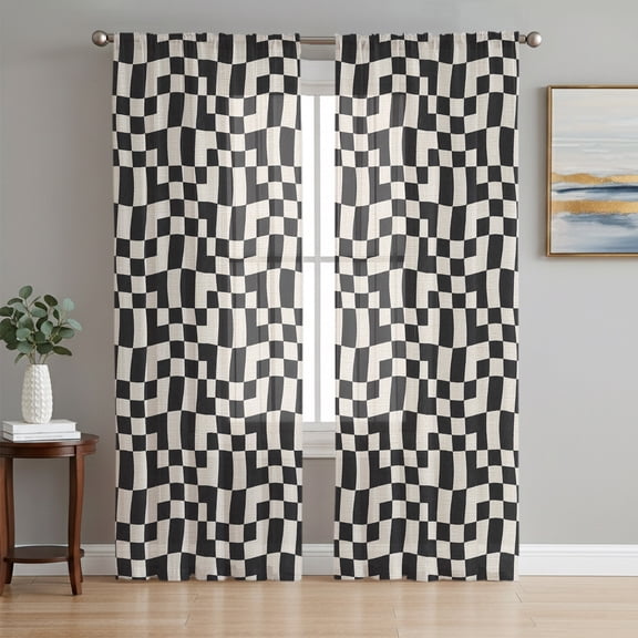 Sheer Curtains 96 Inches Long 2 Panels Set for Living Room, Black Checkered Semi Sheer Curtains for Windows, Plaid Vintage Abstract Art Rustic Voile Window Treatments Rod Pocket Curtain