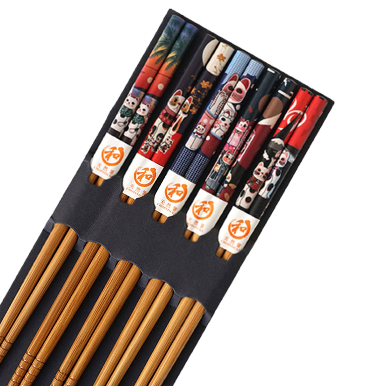 5 Pairs Natural Reusable Bamboo Chopsticks with Fortune Cat Print 8.85 Inches Length Chinese Tableware Set Washable Chopsticks Gift Set
