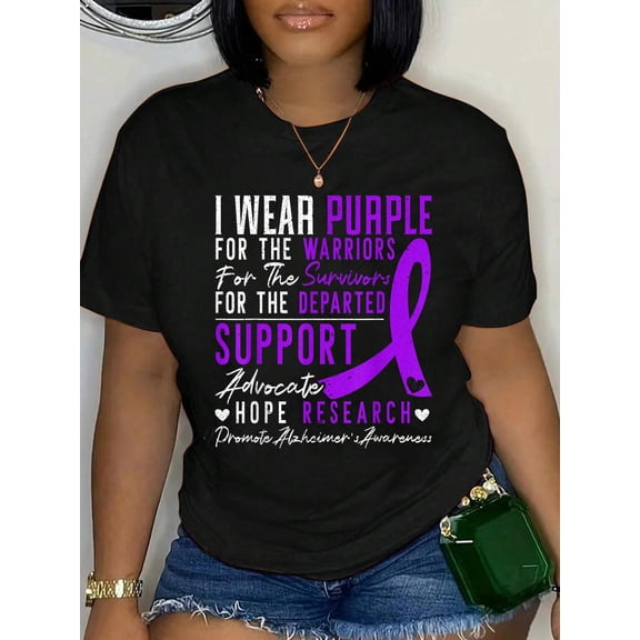 I Wear Purple Alzheimer's Awareness Dementia Disease Relaxed Fit Classic Comfort Cotton T-Shirt Women's Graphic Tee Crew Neck summer vacation Tops