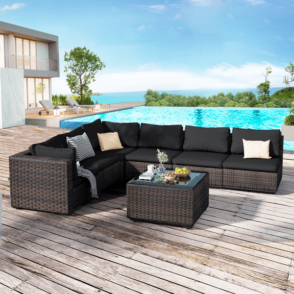 7 Pieces Patio Furniture Set Outdoor Sectional Sofa, All Weather Outdoor Sectional PE Rattan, Patio Conversation Sets with Cushions and Glass Coffee Table for Garden Lawn Balcony Porch Deck,Black