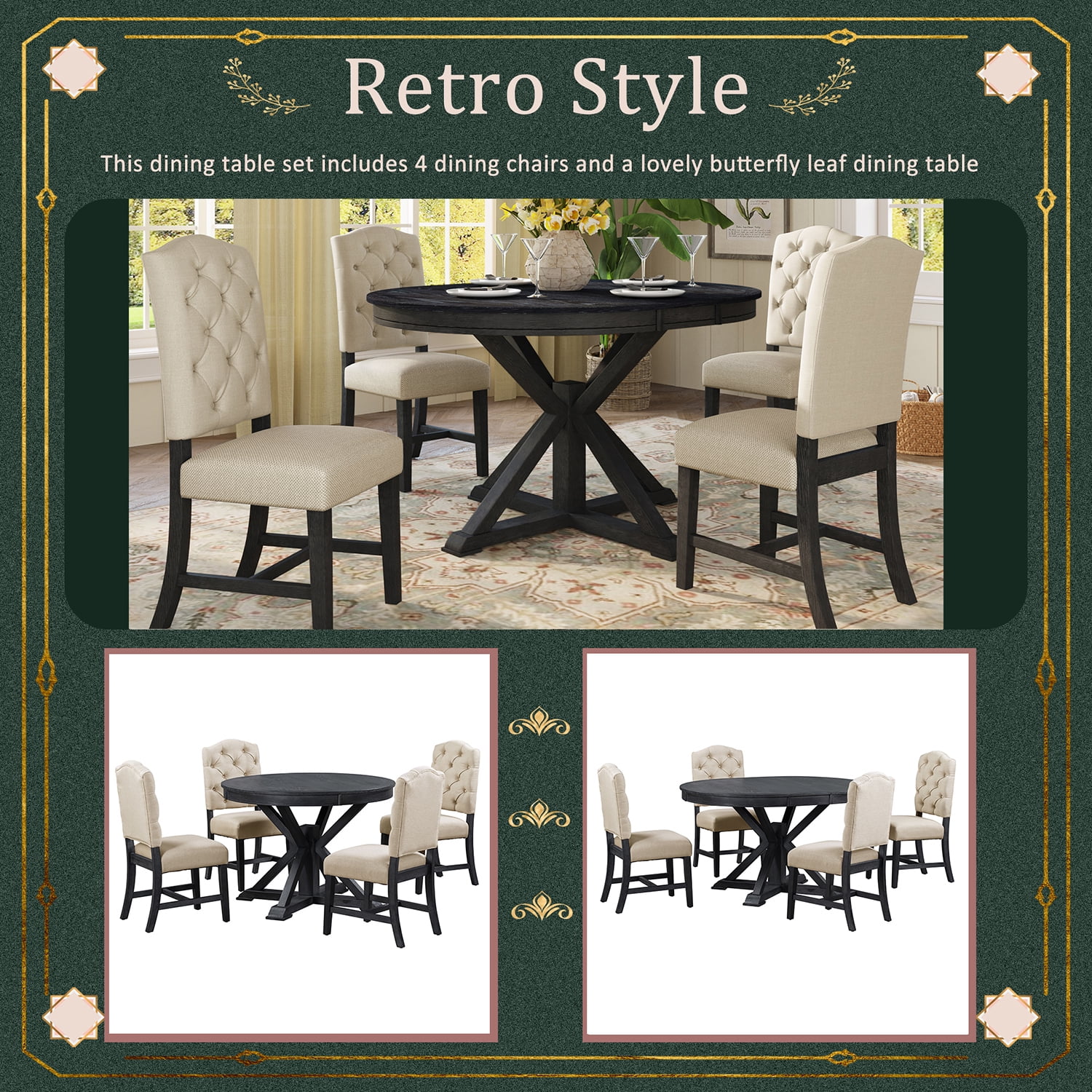 Kadyn Retro Style Dining Table Set, Solid Wood Kitchen Table Set with Extendable Table and 4 Upholstered Chairs, Farmhouse Dining Table Set for Kitchen, Espresso Kadyn Retro Style Dining Table Set, Solid Wood Kitchen Table Set with Extendable Table and 4 Upholstered Chairs, Farmhouse Dining Table Set for Kitchen, Espresso