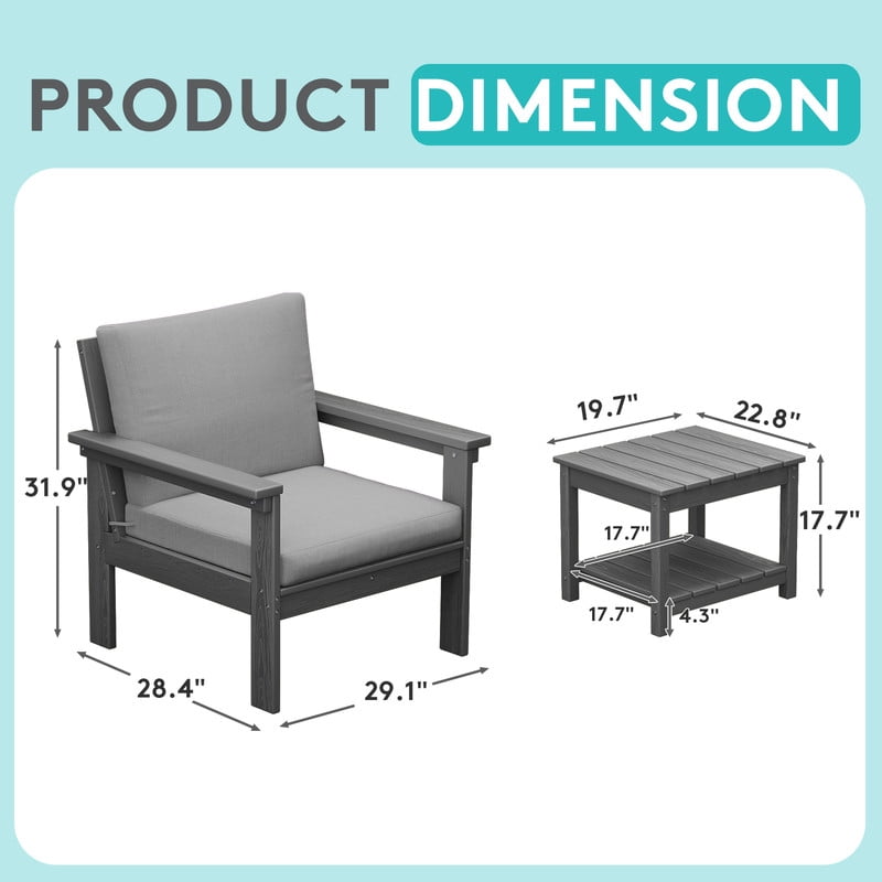 FUNDAZE Oversized HDPE Patio Furniture Sets, 2-Seater With Double-tier Table Outdoor Conversation Set | For Patio, Poolside, Backyard Use, Grey Frame with Gray Cushion