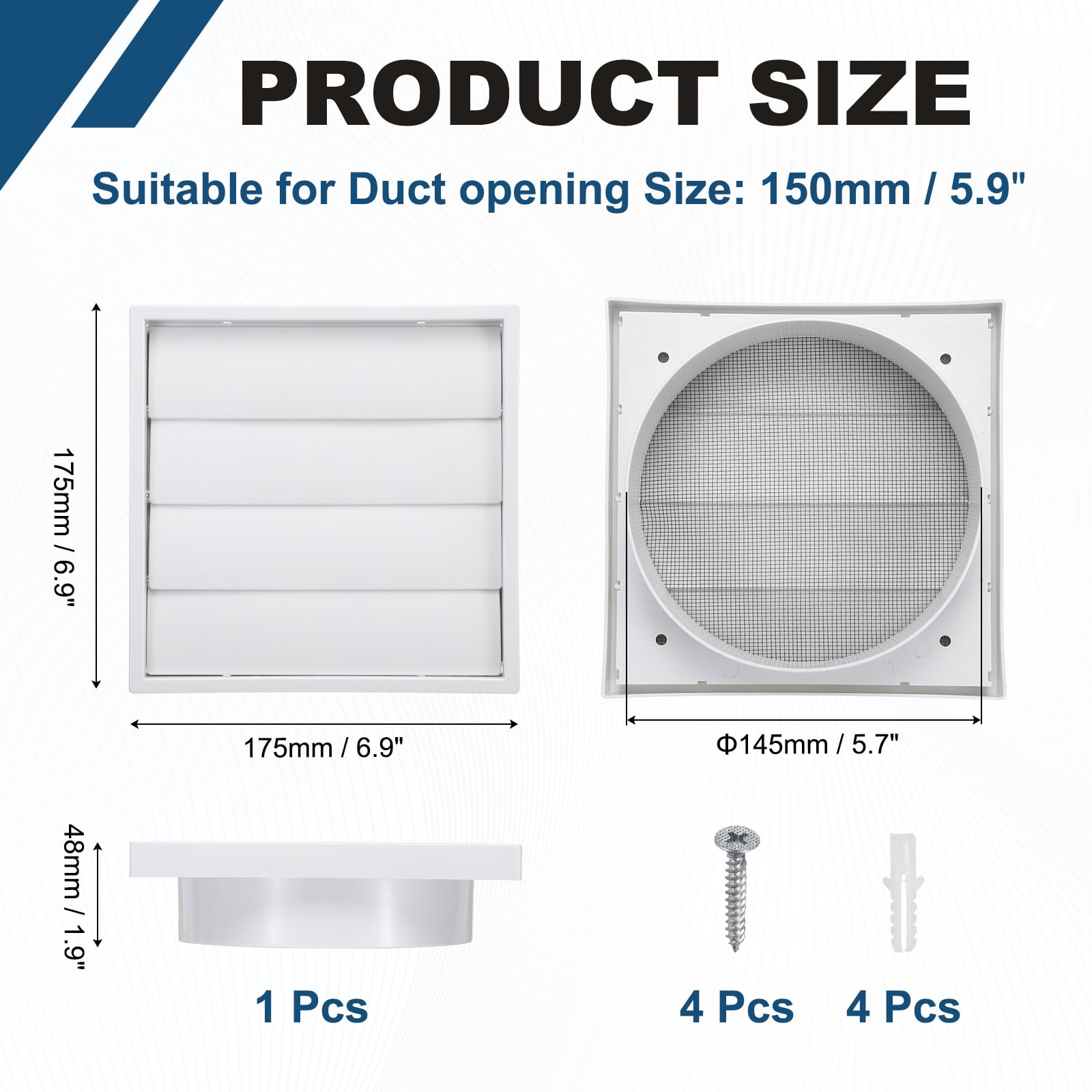 Uxcell 1Set Louvered Exhaust Vent Cover (6" Opening, 6.9"L x 6.9"W) - Air Wall Vent with Dustproof Mesh, Plastic Exhaust Ventilation Grille for Kitchen/Bathroom/Garage, White