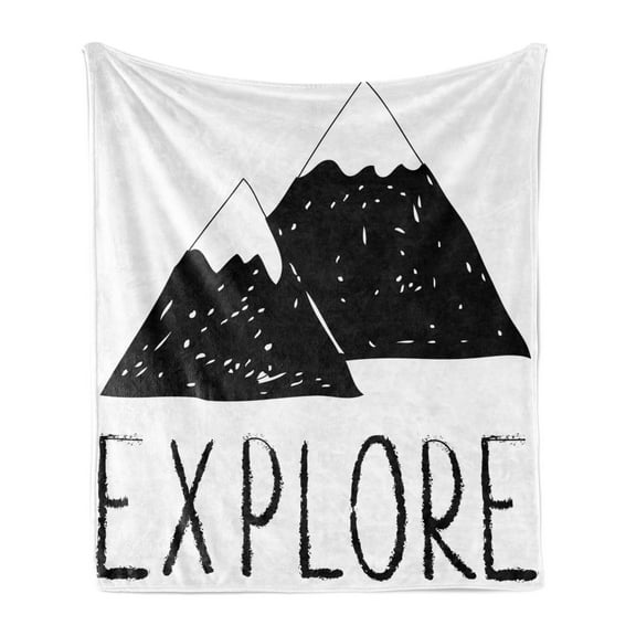 Adventure Soft Flannel Fleece Throw Blanket, Explore Lettering Wild Forest Hand Drawn Simple Mountains Nature Theme, Cozy Plush for Indoor and Outdoor Use, 50" x 70", Black White, by Ambesonne