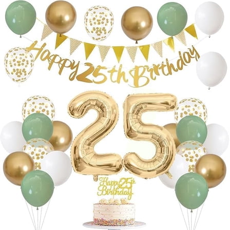 Sage Green Gold White 25th Birthday Party Decorations Latex Balloons Gold Happy 25th Banner 25 Cake Topper Foil Number 25 Balloons for Twenty Five Year Old Birthday 25th Anniversary Party Supplies