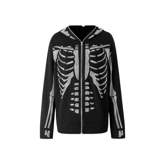 Women Blouse Rhinestones Skeleton Print Long Sleeve Hooded Tops with Zipper for Spring Autumn S/M/L/XL