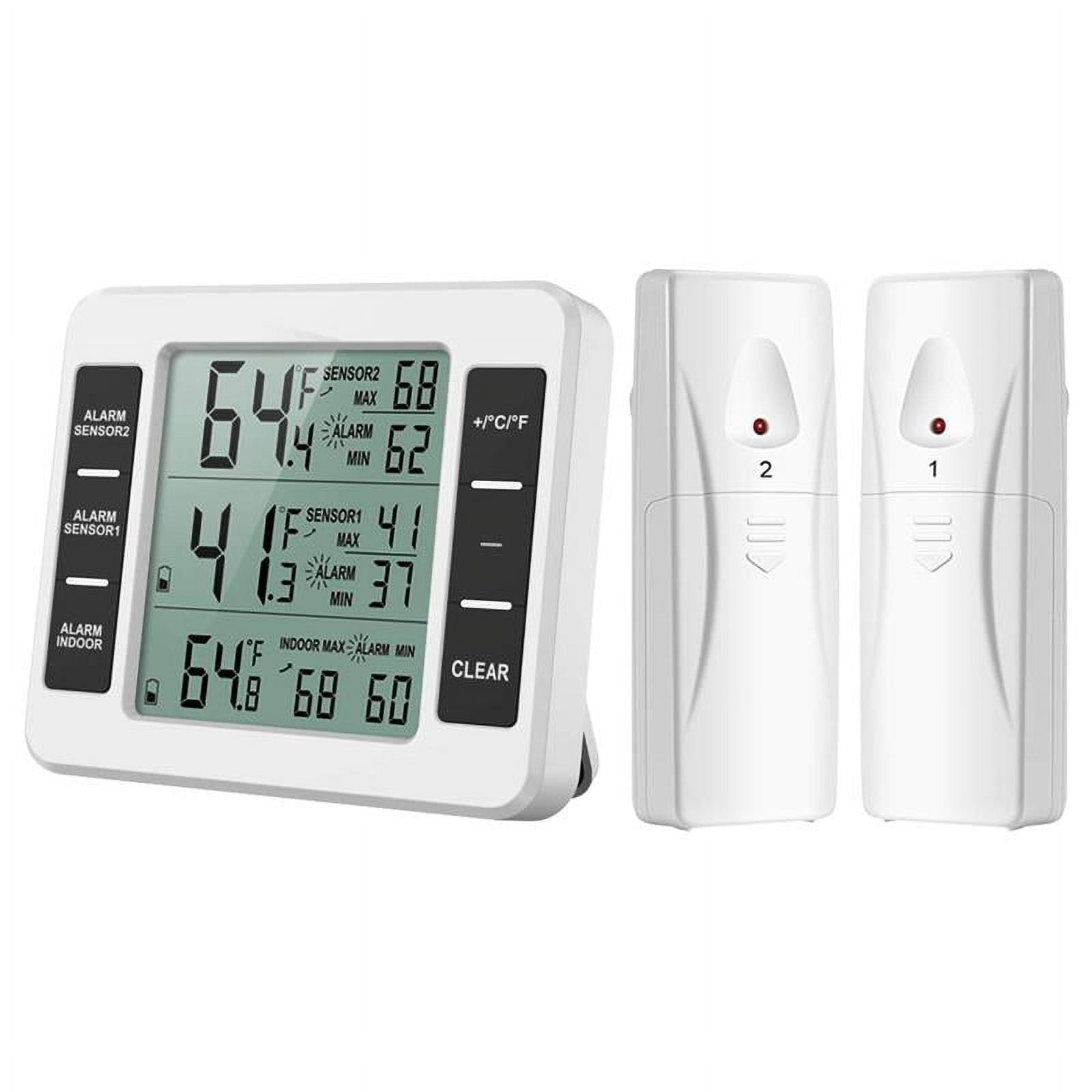 Upgraded Version Refrigerator Thermometer Wireless Digital Freezer Thermometer Digital Sensor with 2PCS Sensors Temperature Monitor and Audible Alarm for Indoor / Outdoor (Battery Not Included)