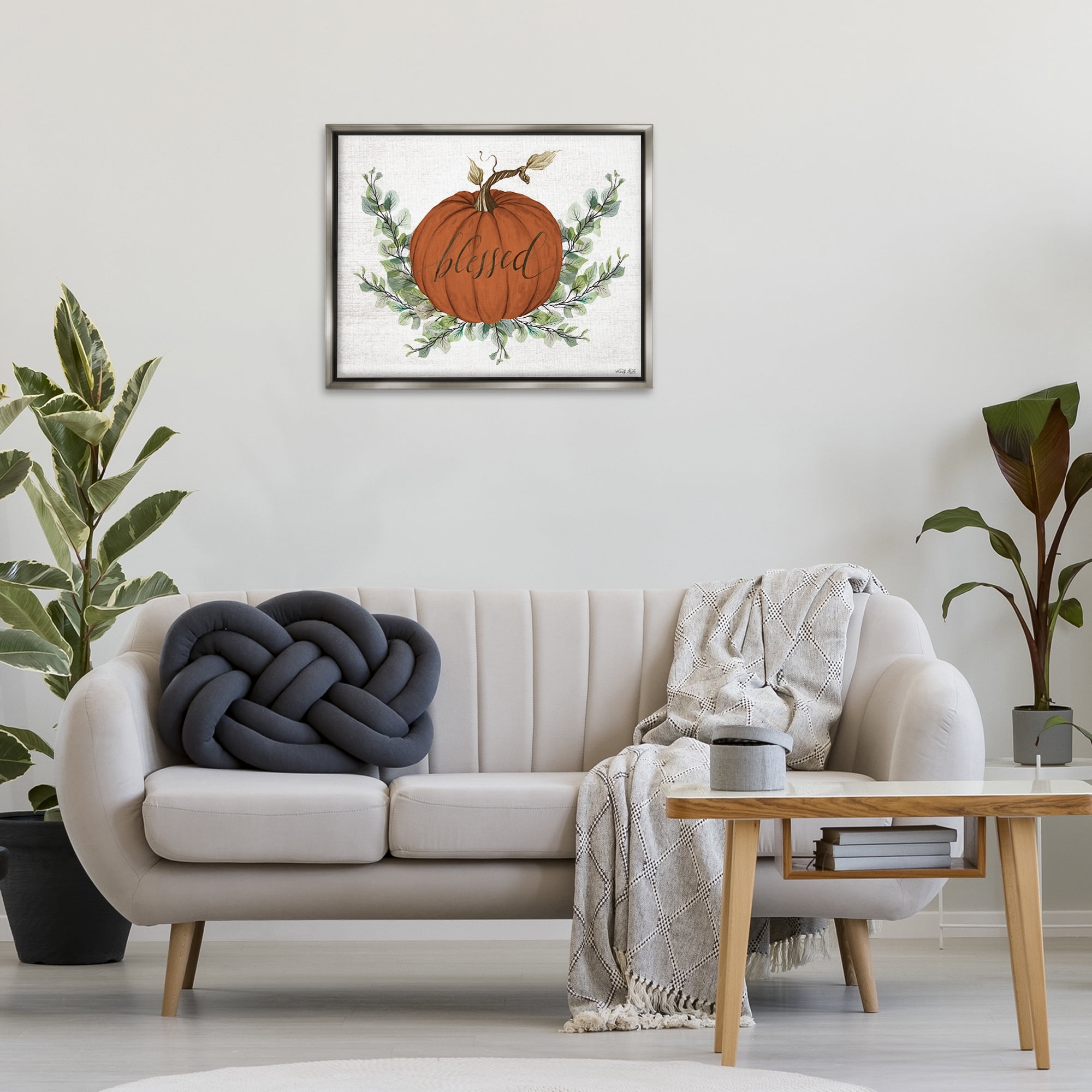 Stupell Industries Orange Blessed Pumpkin Food & Beverage Painting Gray Floater Framed Canvas Art Print Wall Art, 31 x 25