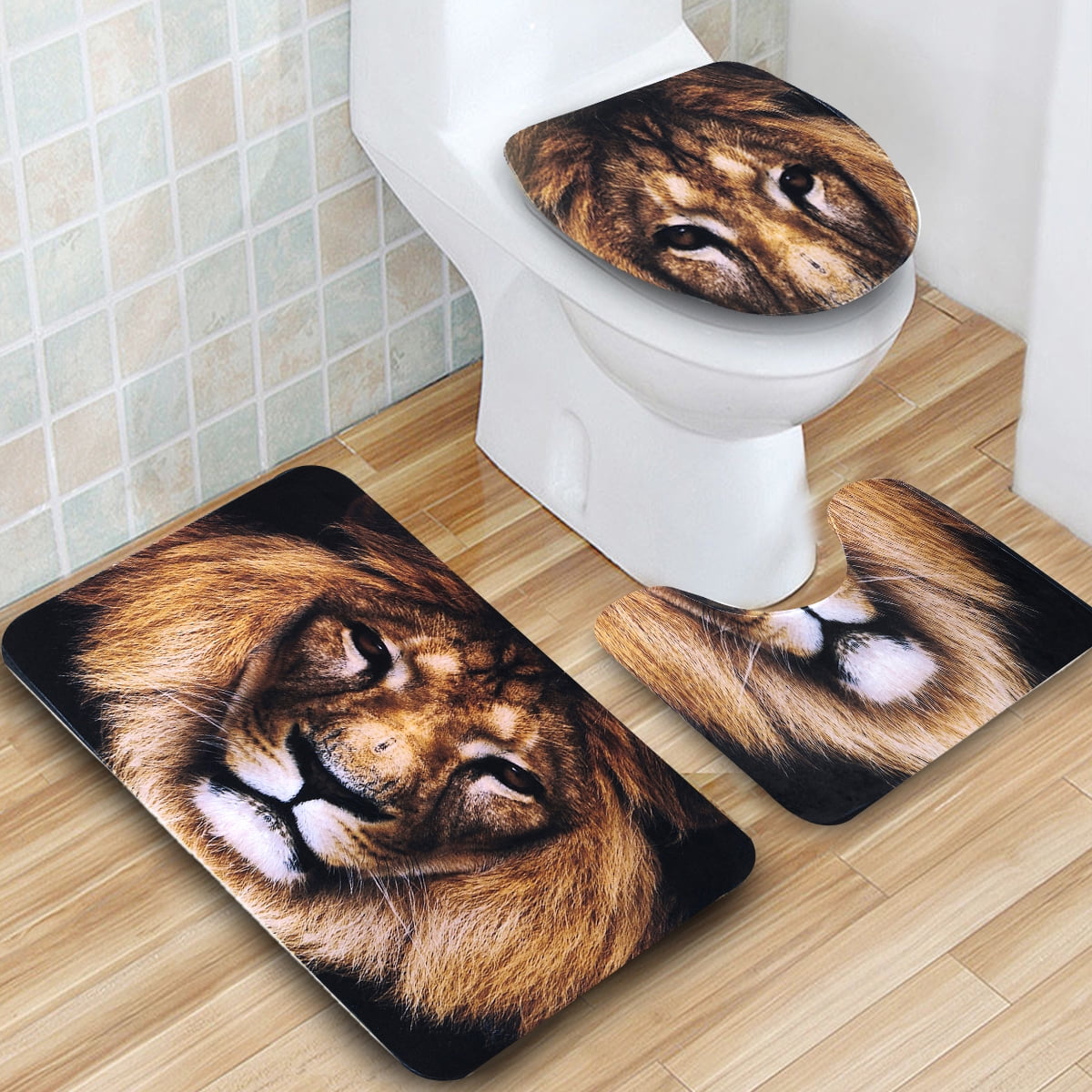 4Pcs Lion Home Decor Bathroom Pad Toilet Seat Cover Bath Mat Shower Curtain