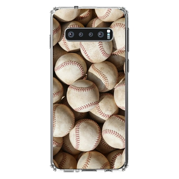 DistinctInk Clear Shockproof Hybrid Case for Samsung Galaxy S10  PLUS(6.4" Screen) - TPU Bumper, Acrylic Back, Tempered Glass Screen Protector - Old Baseballs -Baseball