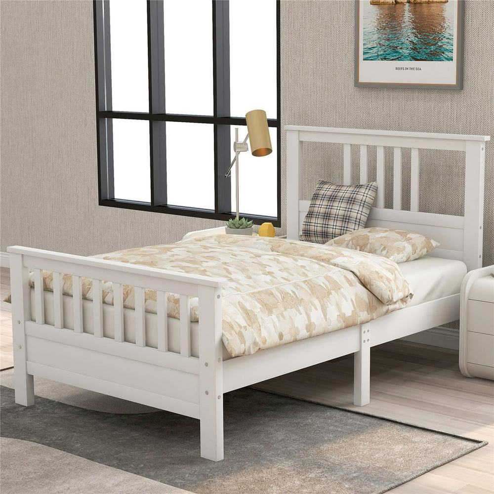 White Twin Kids Wood Bed, Platform Bed with Headboard Footboard and Wooden Slat Support for