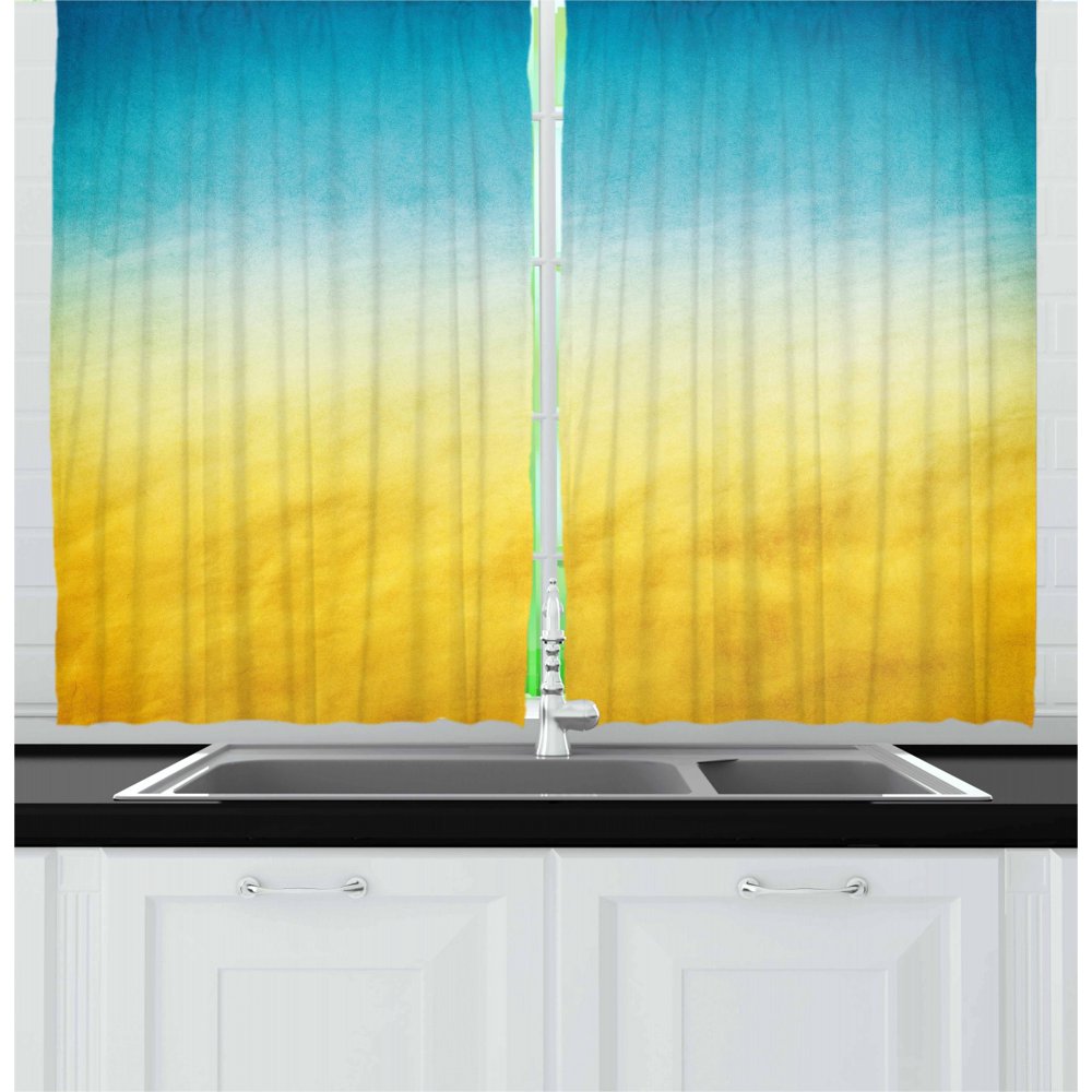 Yellow and Blue Curtains 2 Panels Set, Surf Waves Ocean Beach Exotic