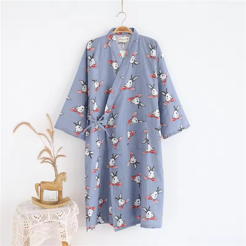 thumbnail image 3 of Albornoz de camisón de kimono japonés - Estilo tradicional 100% algodón Vestido de casa de primavera y verano Bata de sauna Ropa de dormir fina y liviana para hombres y mujeres, 3 of 4