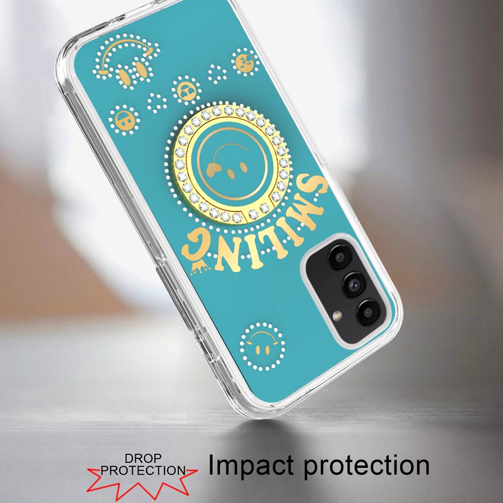 For Samsung A14 5g Smiling Glitter Ornament Bling With Ring Stand Hybrid Case Cover - Blue - image 3 of 3