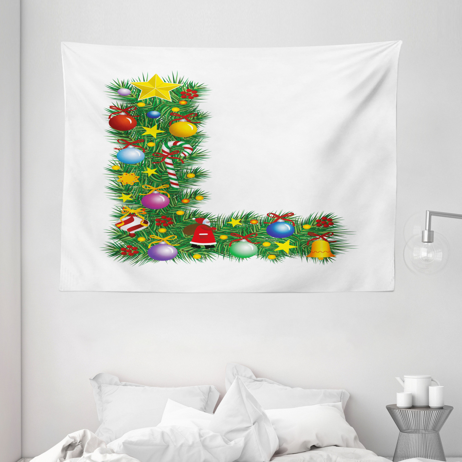 Letter L Tapestry, Pine Tree Design Majuscule L with Christmas Symbols ...