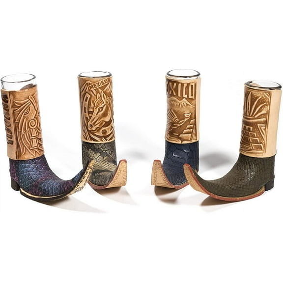 3 Pack ) Mexican Leather Mini Boot Tequila Shot - Original Artisan Bota Tribalera para Tequila Assorted Colors)