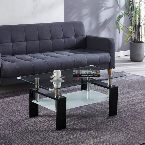 Dtwnek Tempered Glass Top Coffee Table with Stainless Steel Legs, Perfect for Living Room, Office, Black