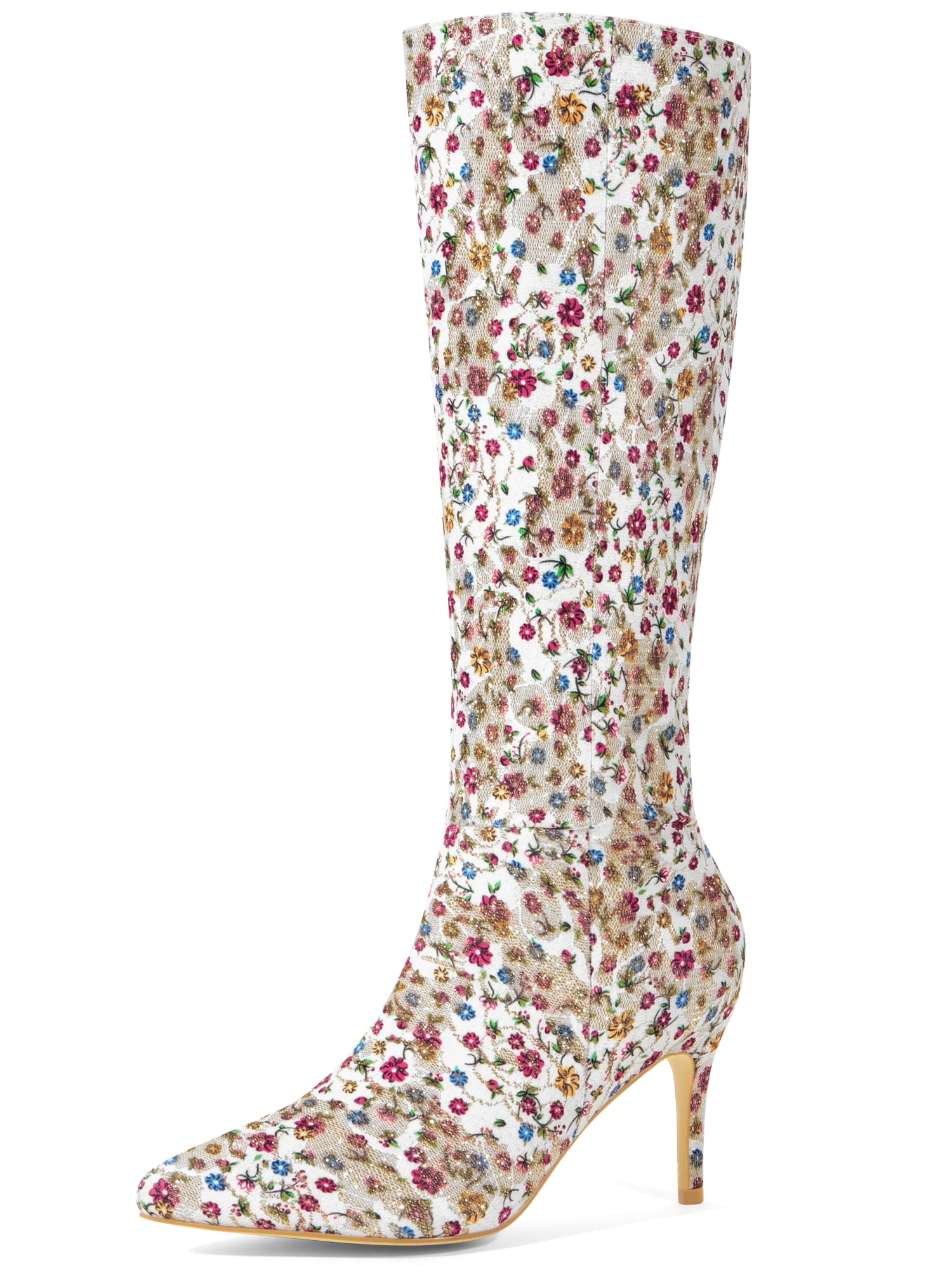 DARING DIVA Women's Stylish Floral Knee High Boot with Stiletto Heel White Floral 8