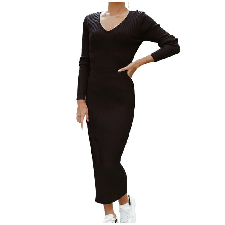 Shudageng Female Casual Dresses for Women Party Dress Loose Long Sleeve Mid-Length V-Neck Sun Dress Solid Black XL, Women's