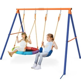 GIKPAL Saucer Swing with Stand, 440lbs Swing Set for 2-3 Kids Outdoor with  Heavy-Duty Metal Frame & Adjustable Ropes Round Swing, Rainbow