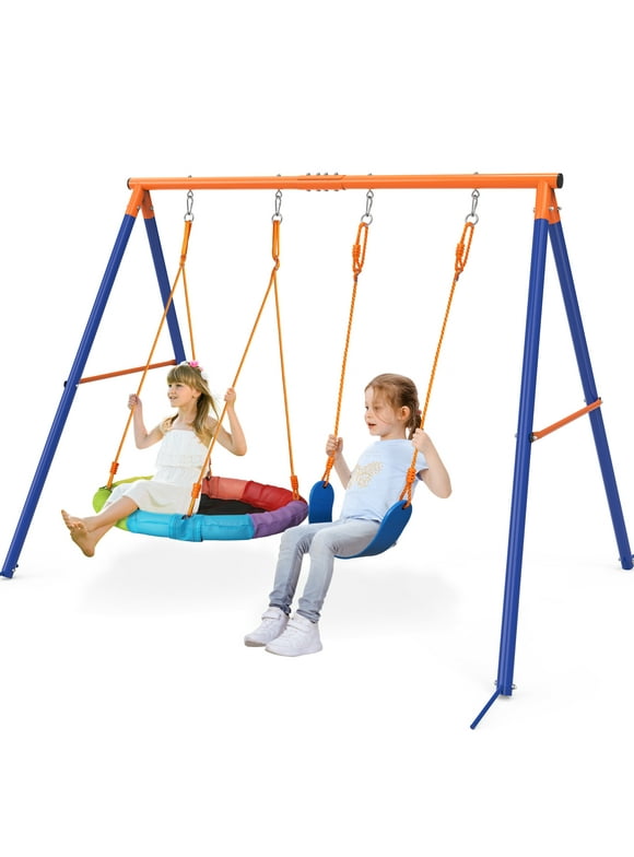GIKPAL Swing Set with 1 Saucer and 1 Belt  Swing Seat, 440lbs Swing Set for Kids with Heavy Duty A-Frame Metal Swing Stand for Backyard and Playground