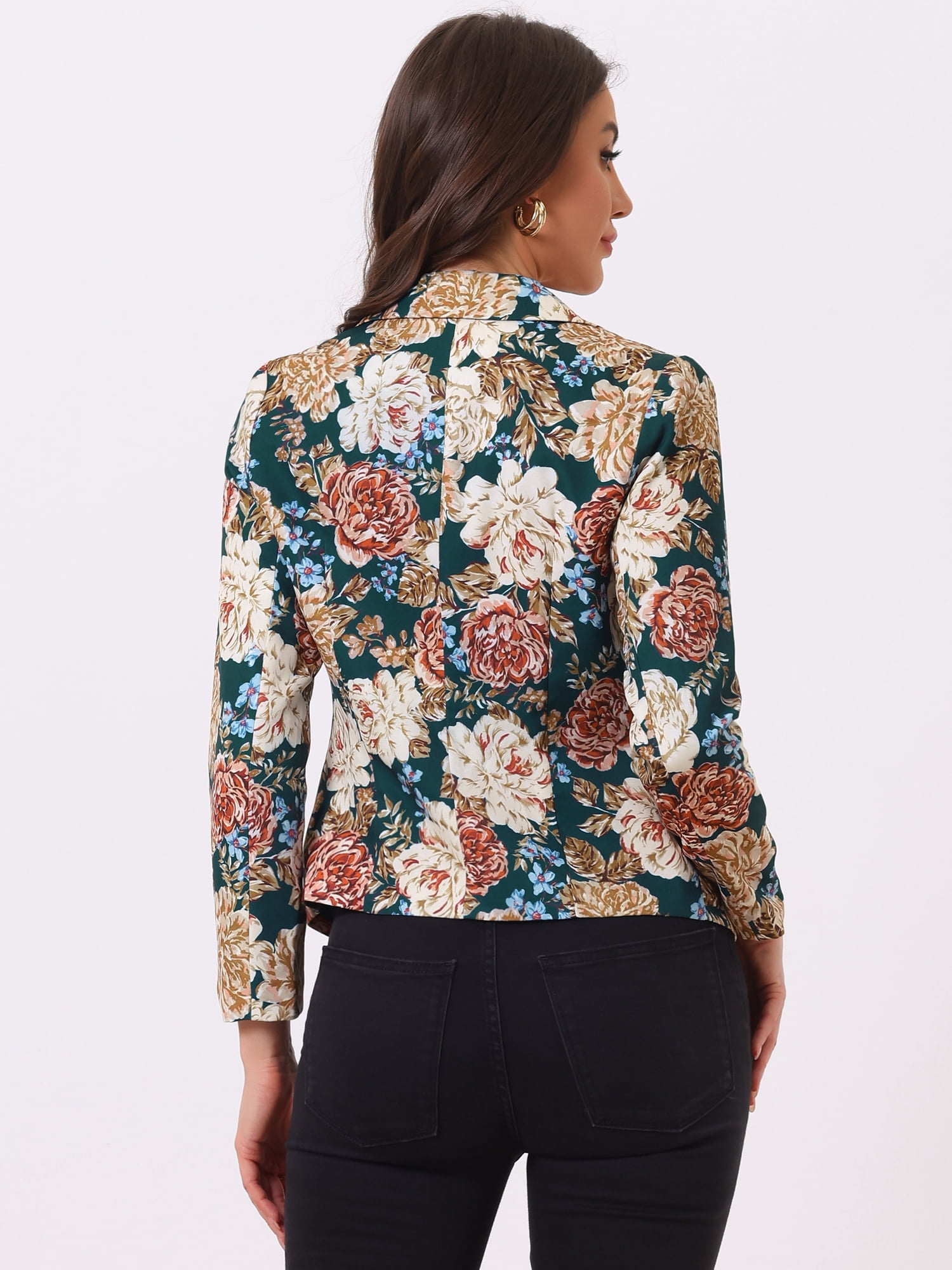 DARING DIVA Women's Elegant Notched Lapel Floral Print Blazer L Dark Green-Floral