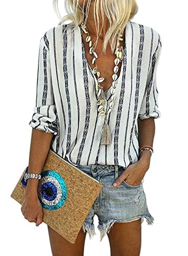 Astylish Women V Neck Striped Roll up Sleeve Button Down Blouses Tops 