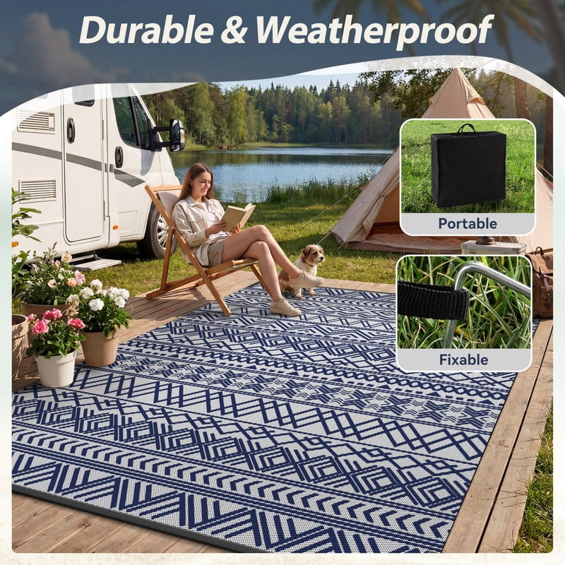 SIXHOME Outdoor Rug 9'x12' Waterproof Reversible Patio Rug Boho Geometric Indoor Outdoor Rugs Lightweight Plastic Straw Ourdoor Carpet for RV Camping Deck Balcony Modern Porch Decor Blue and Gray