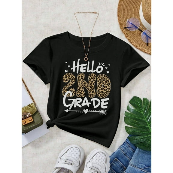 1Pc Black Girls Funny 2nd Grade Print Design - Daily Casual And Back To School T-Shirt, Soft Cotton, Slightly Stretchable, Suitable For Spring, Summer, And Autumn, Machine Washable, Best Gift For Kid