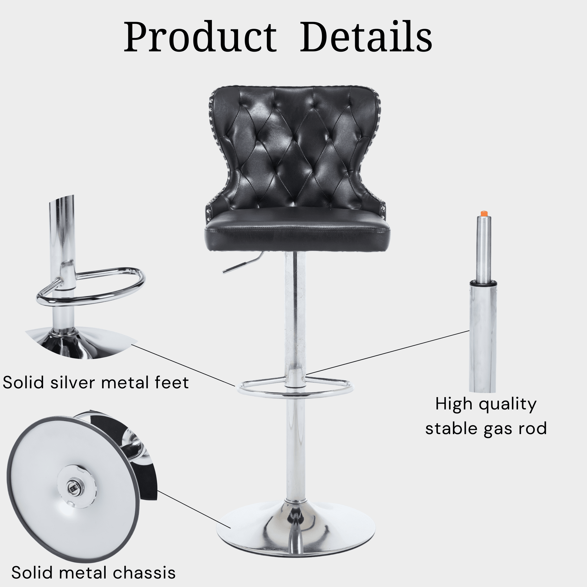 Set of 2 Adjustable Swivel Bar Stools,Faux Leather Upholstered Counter Height Chairs with Nailhead Trim, Silver Footrest, and High Back for Kitchen Island, Home Bar, Dining Room, Cafe,Black