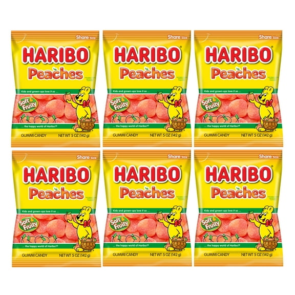 Haribo Peaches gummy candy pack of 6 (5 oz bags) jelly fruit gummi candy pack