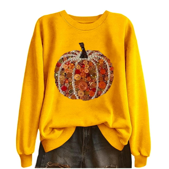 Lcziwo Chandail à Paillettes d'Halloween pour Femmes, Imprimé Citrouille Drôle, Chandail à Manches Longues à Col Rond, Hauts, Tenues de Mode pour l'Action de Grâce, Automne Hiver, Jaune, TG