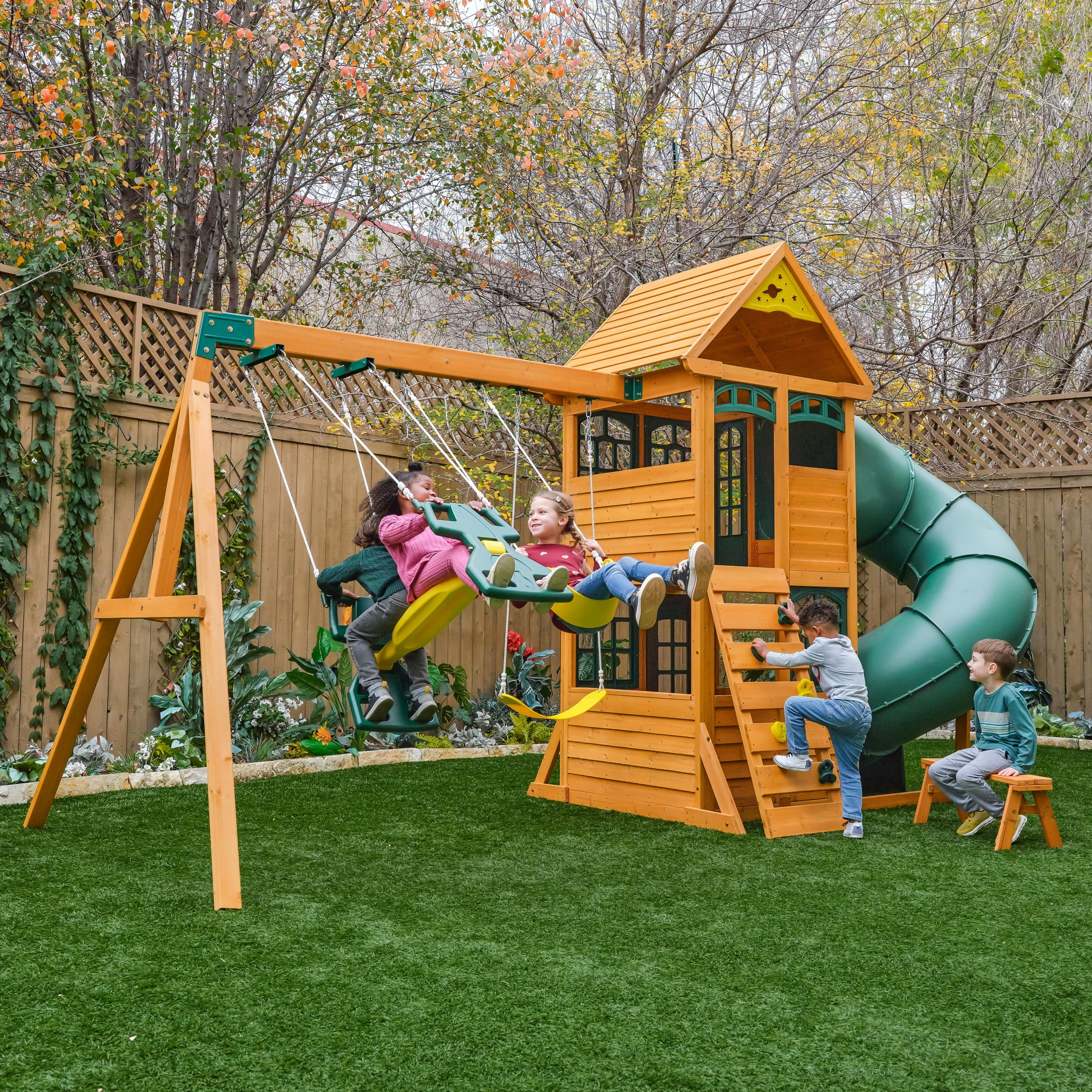 KidKraft Cloverdale Wooden Swing Set Playset with Slide Rock Wall Glider and Swings Walmart