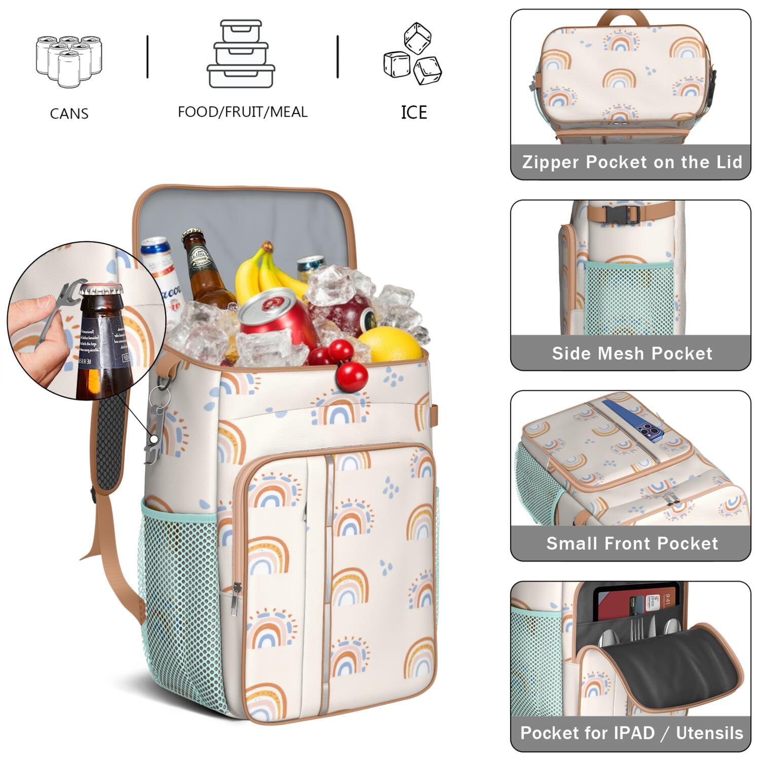 Camping Cooler Backpack 26 Cans,Cooler Bag Insulated Leak Proof Travel Cooler Bag Waterproof Lunch Picnic Beach Work Trip Thermal Bag Drink Beverage Beer Bag Cooler Rainbow Cartoon