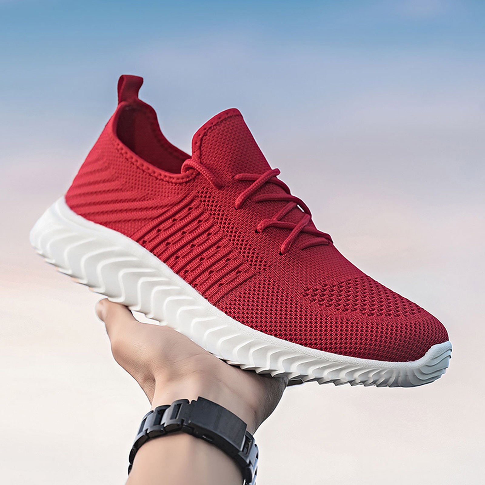CBGELRT Shoes for Men Casual Men's Sneakers Work Tennis Shoes for Men Sneakers Men Lace Mesh Soft Fashion Color Bottom up Sport Shoes Casual Breathable Solid Men's Sneakers Male Red 45 - image 4 of 4