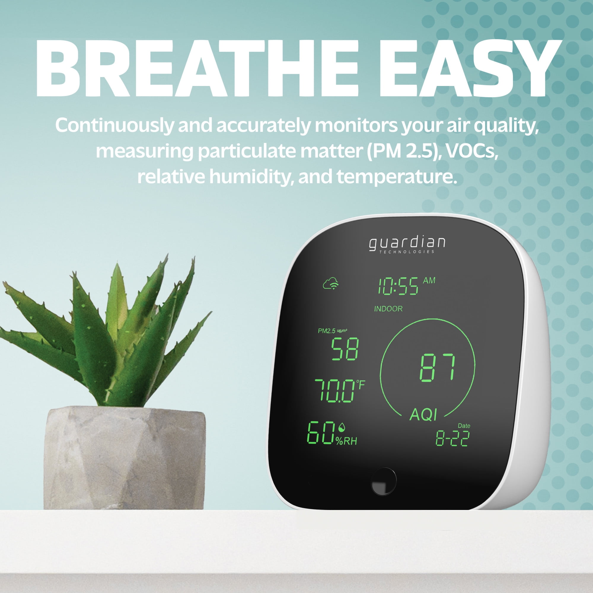 Guardian Technologies Smart Air Quality Monitor, App Controlled, Alexa and Google Enabled, Black/White, AQM101