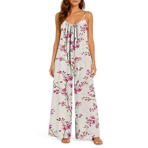 Women's Flowy Wide Leg Jumpsuit White Tiny Floral Summer Beach Casual Sleeveless Rompers with Pockets