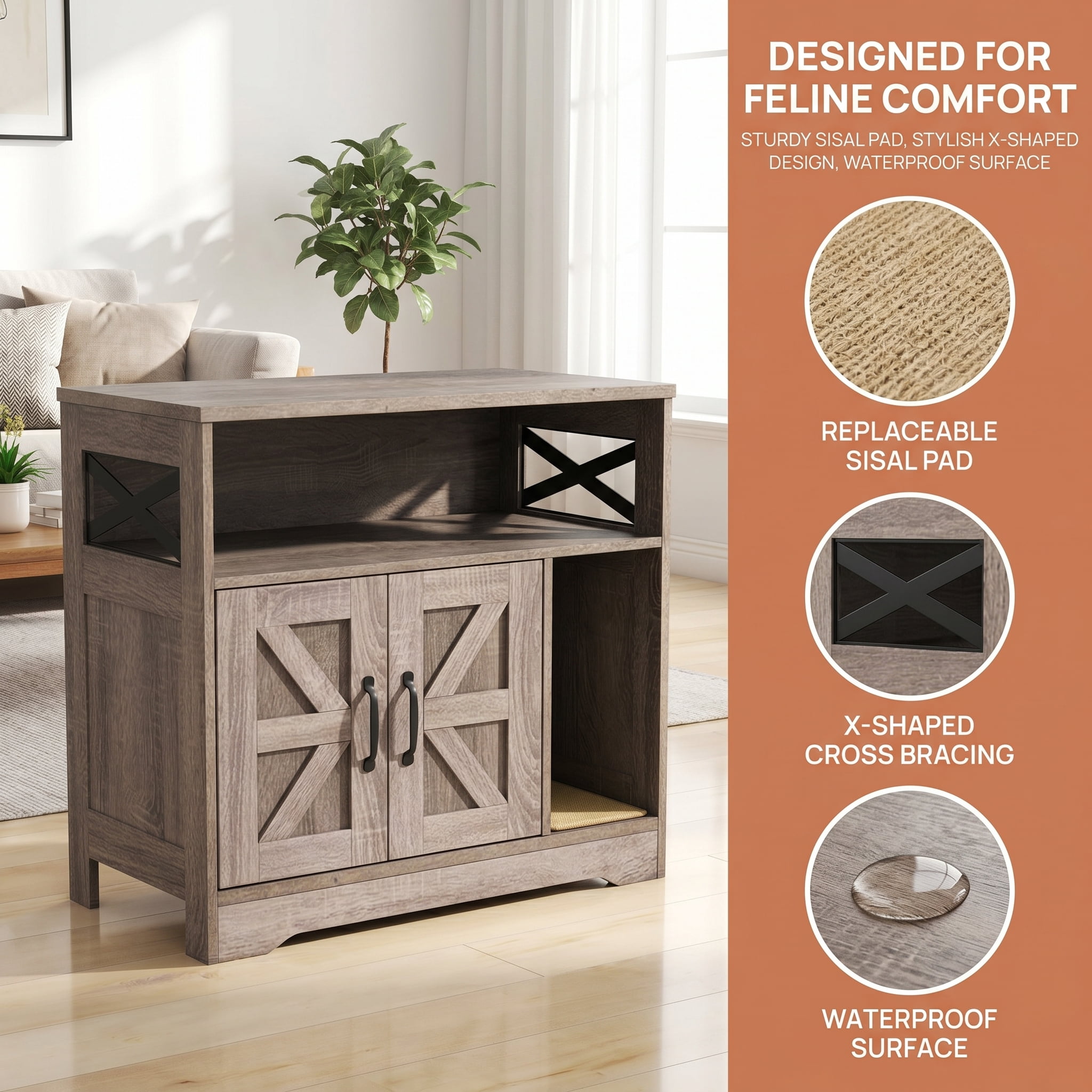 Resenkos Hidden Cat Litter Box Enclosure Furniture with Storage Cabinet, Gray