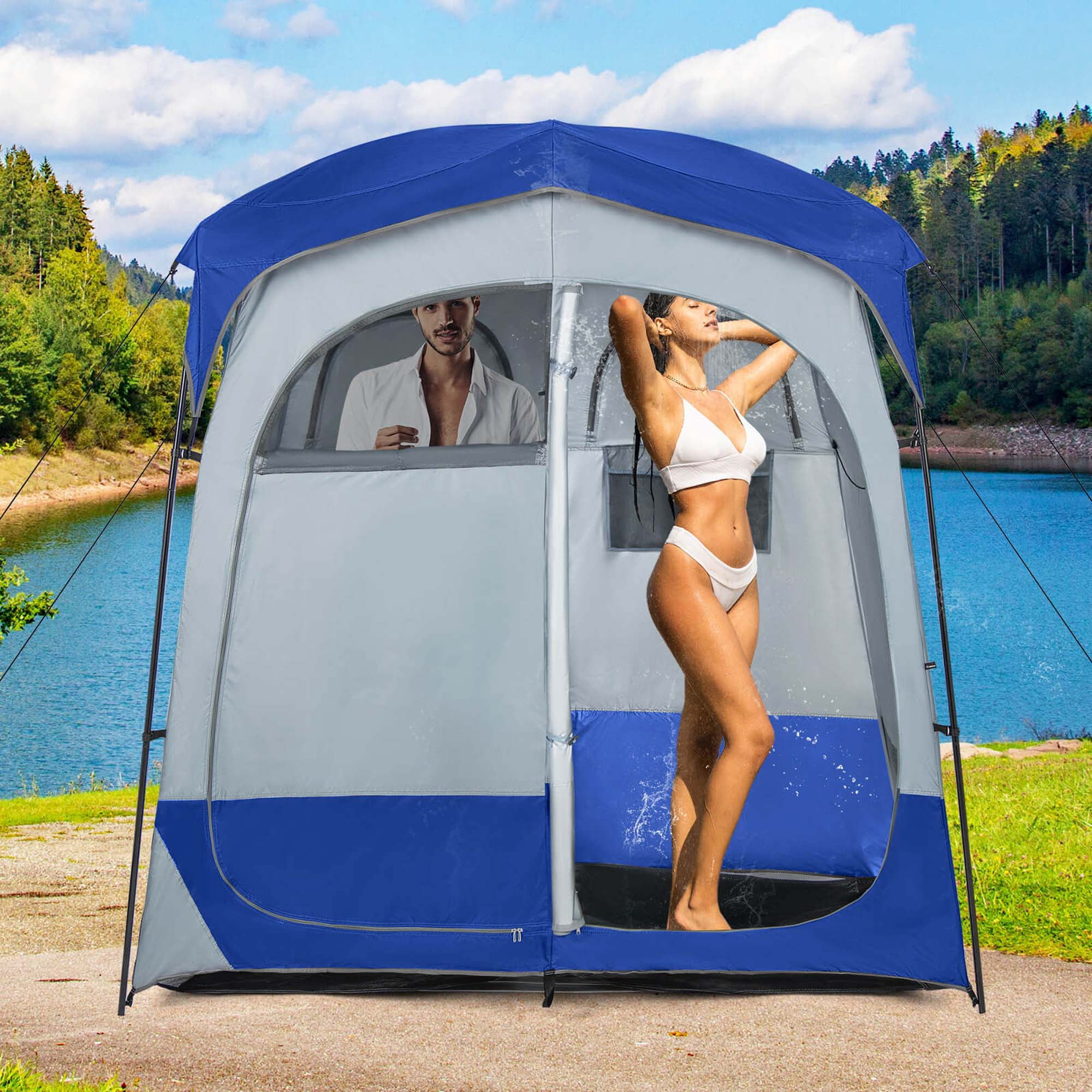 Goplus 2 Room Shower Tent Oversize Privacy Shelter Portable Dressing Toilet Outdoor Blue