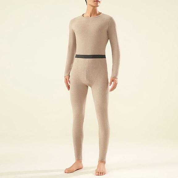 GSPCLAM Thermal Underwear Set for Men Solid Color Thermal Sleep and Lounge Outfit Slim Fit Round-Neck Thermal Top and Long Pants Underwear Sets Khaki XL