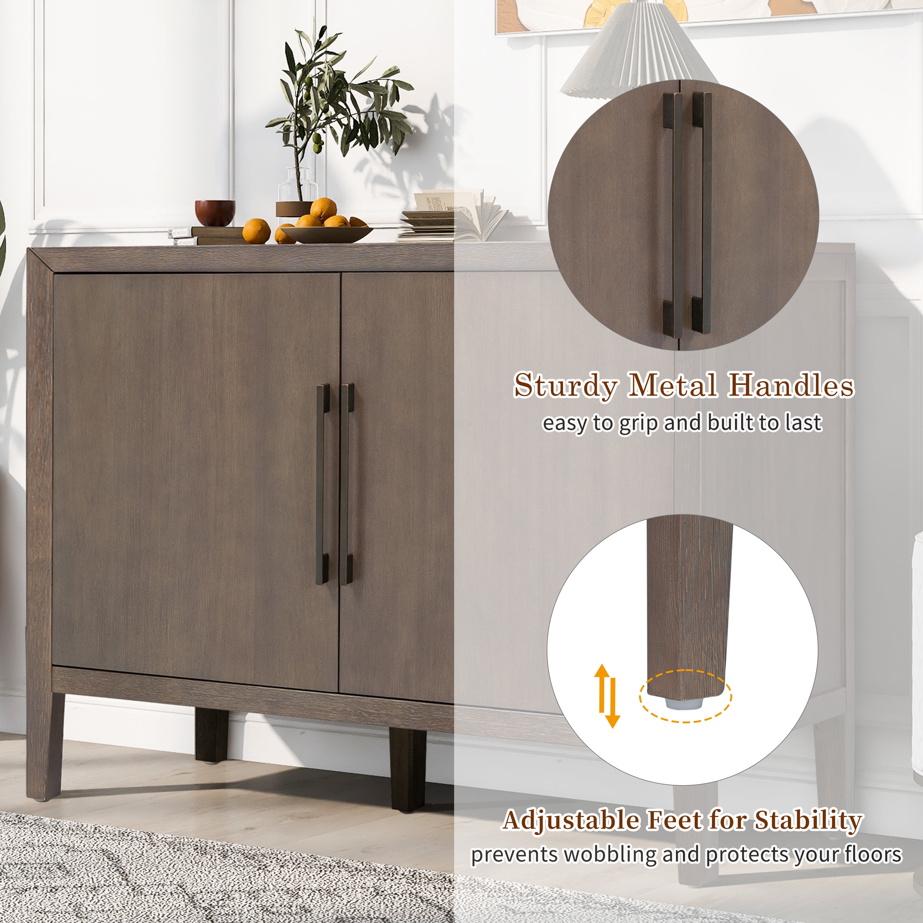 Mintazer 47.25" Farmhouse Sideboard with 2 Doors & Adjustable Feet, Wooden Storage Cabinet with Pine Veneer & Metal Handles for Entryway Living Room, Brown