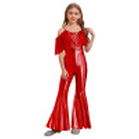 Yartina Girls Metallic Flared Pants Jumpsuit Spaghetti Straps Hippie Dance Full Body Unitard Performance Red 14